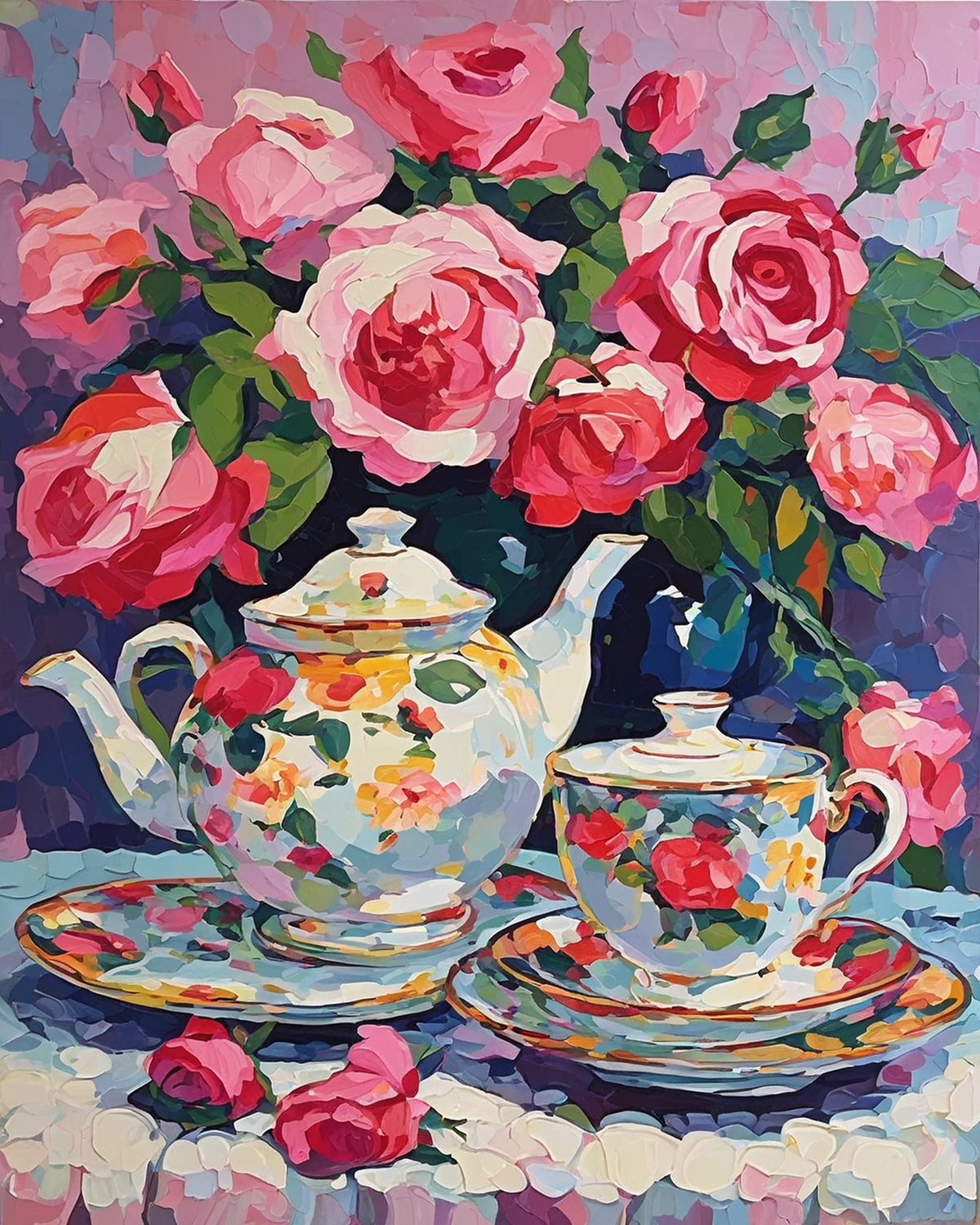 pink roses above a floral porcelain teapot and cup on a lace cloth, paint by numbers kit