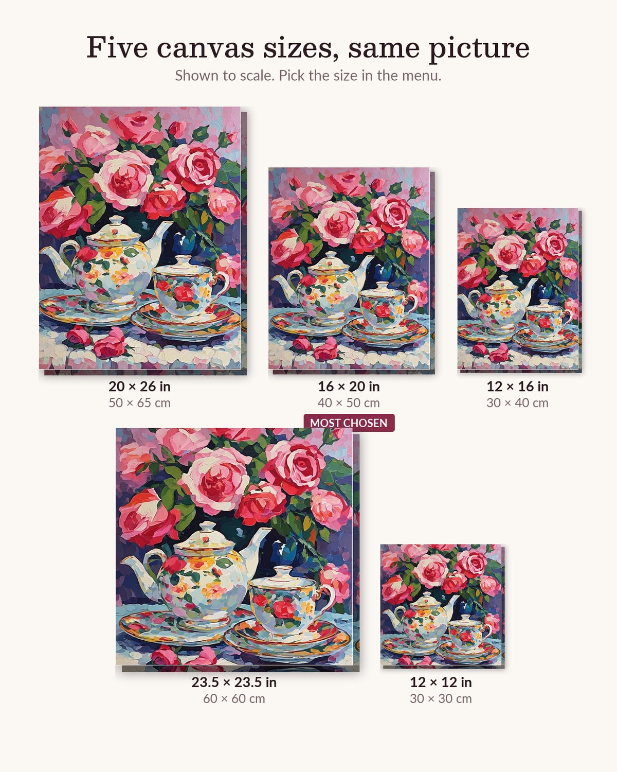 Rose Bouquet and Floral Teapot Set canvas sizes from 12 x 12 to 23.5 x 23.5 inches