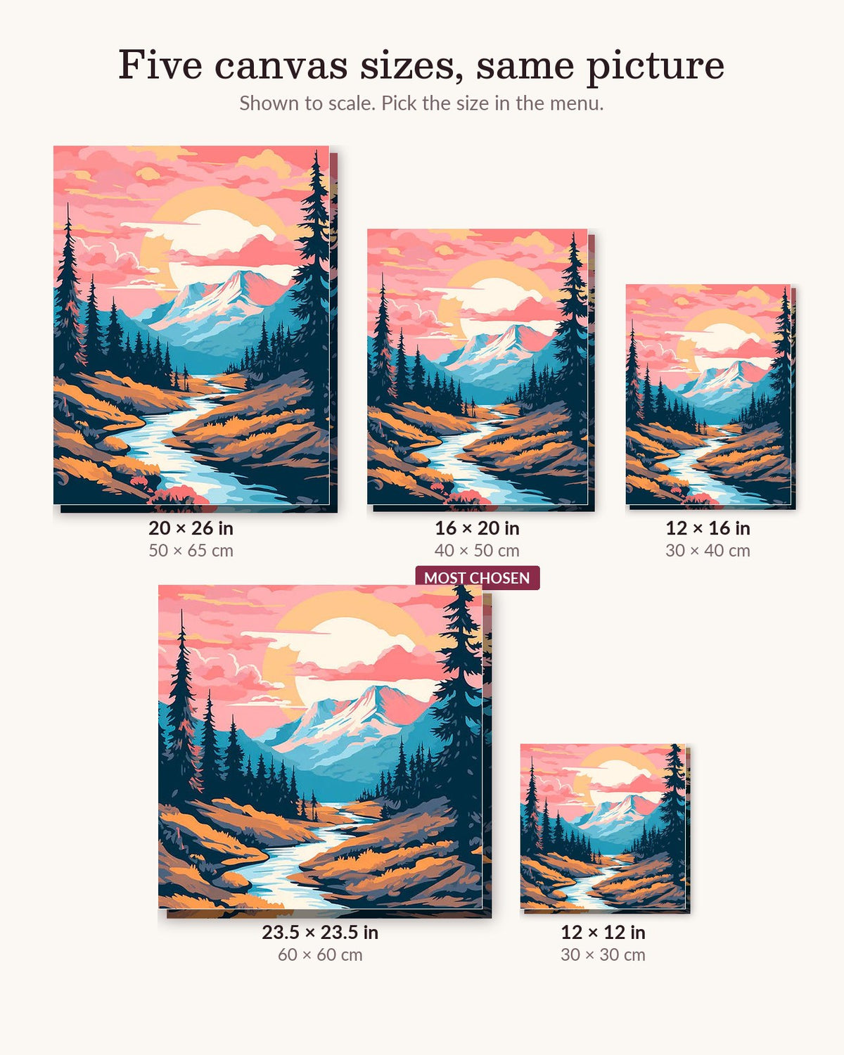 The Scarlet Flow canvas sizes from 12 x 12 to 23.5 x 23.5 inches