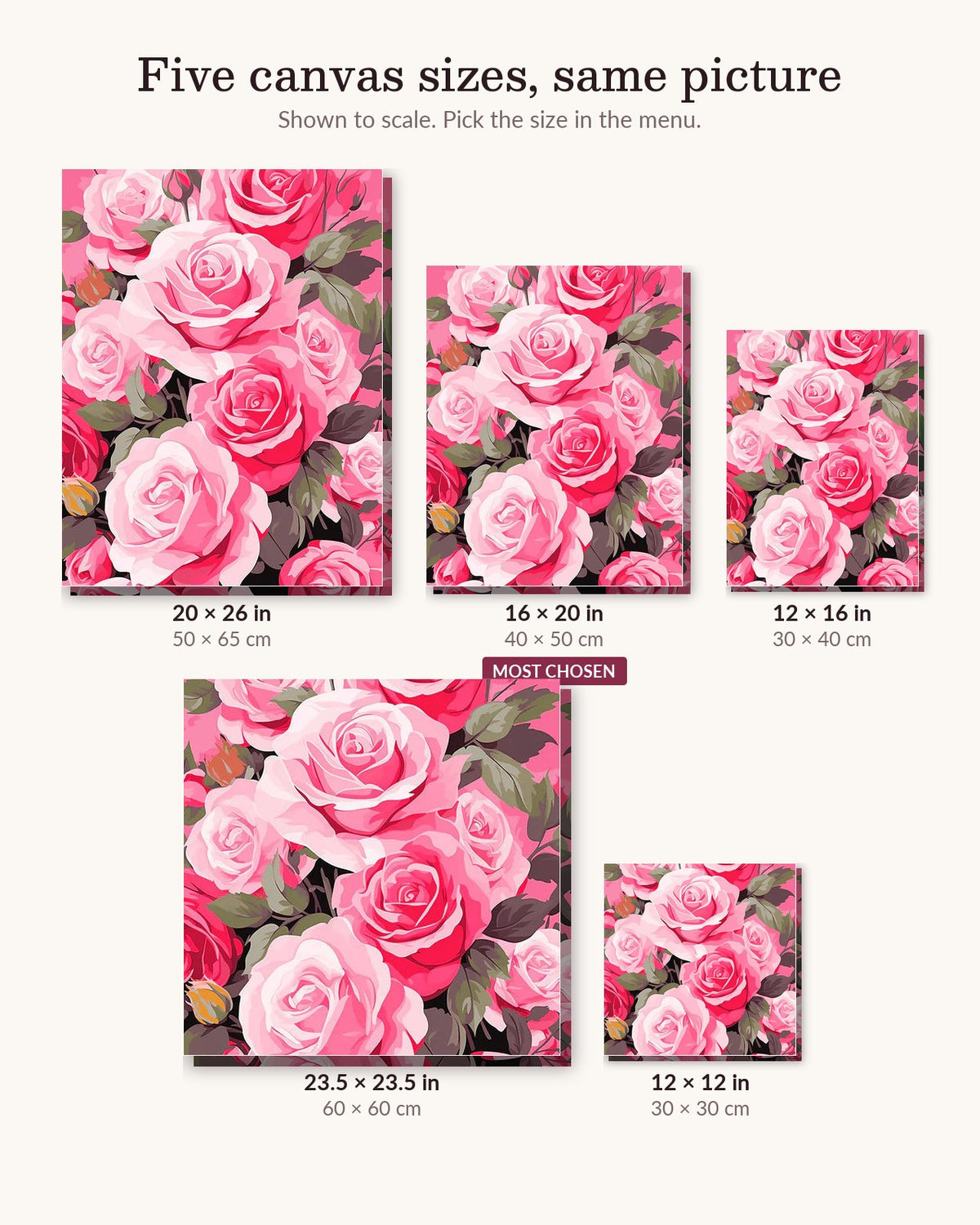 Rosy Elegance canvas sizes from 12 x 12 to 23.5 x 23.5 inches