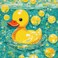 Rubber Duck Bath Time paint by numbers kit, a yellow rubber duck floating on bath water under big round bubbles