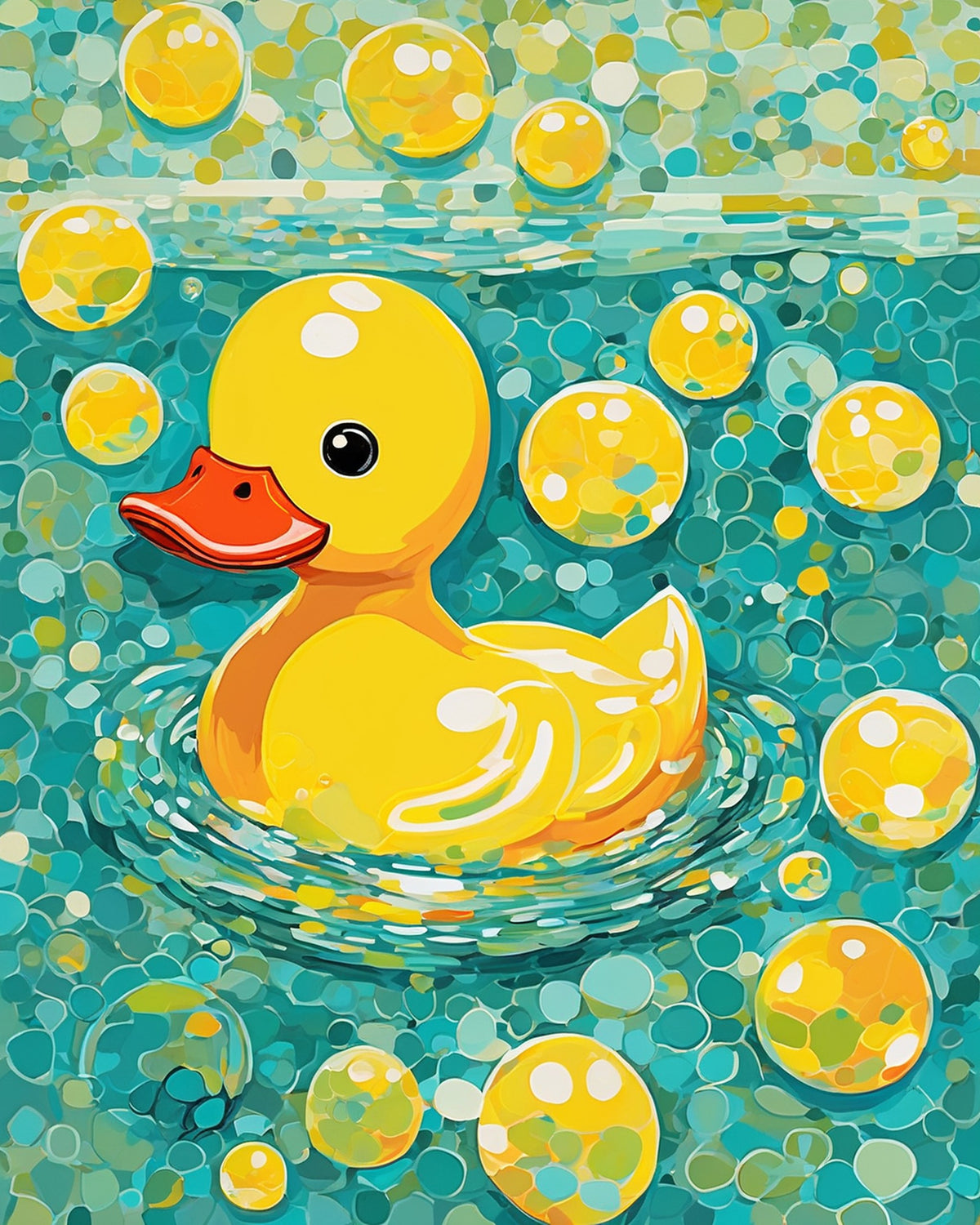 Rubber Duck Bath Time paint by numbers kit, a yellow rubber duck floating on bath water under big round bubbles