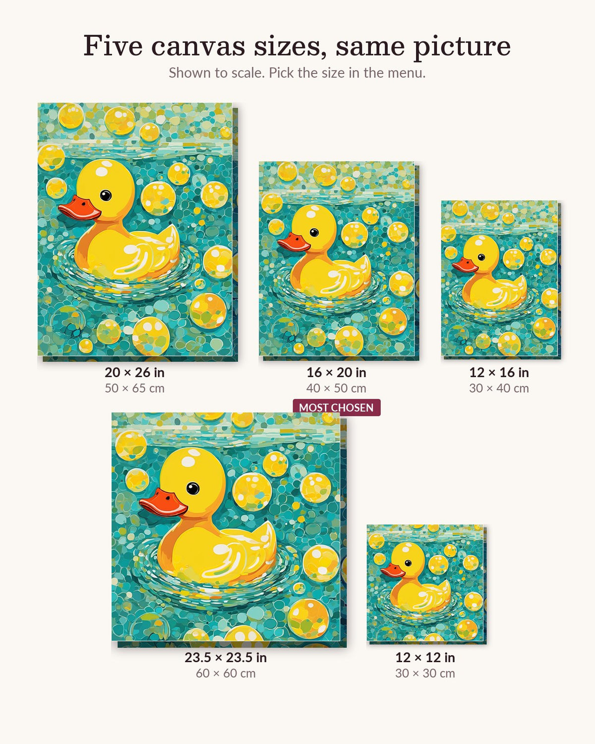 Rubber Duck Bath Time canvas sizes from 12 x 12 to 23.5 x 23.5 inches