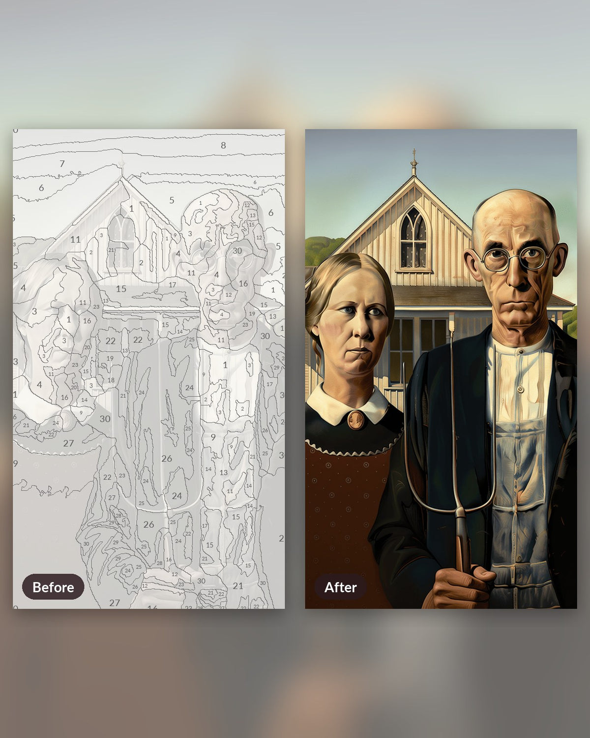 Rural Couple paint by numbers kit, before and after