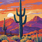 tall saguaro cactus with orange flowers in front of purple mountains and an orange sky, paint by numbers kit