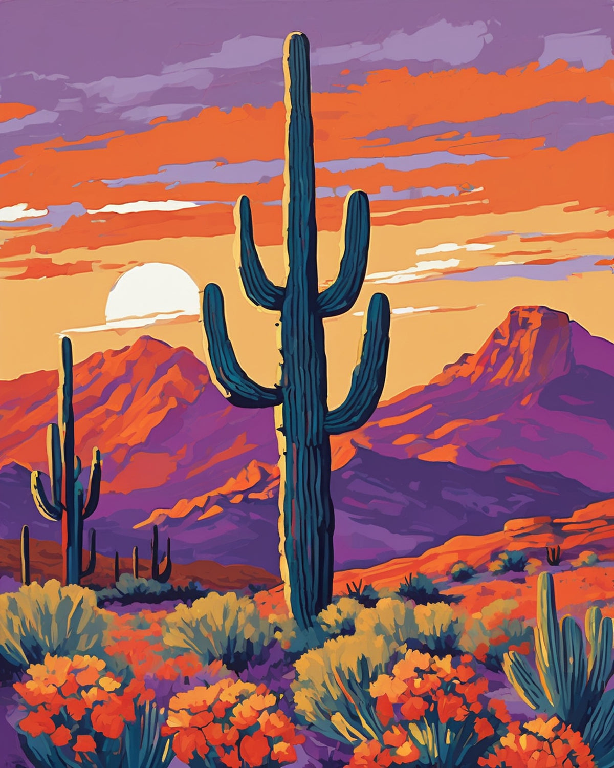 tall saguaro cactus with orange flowers in front of purple mountains and an orange sky, paint by numbers kit