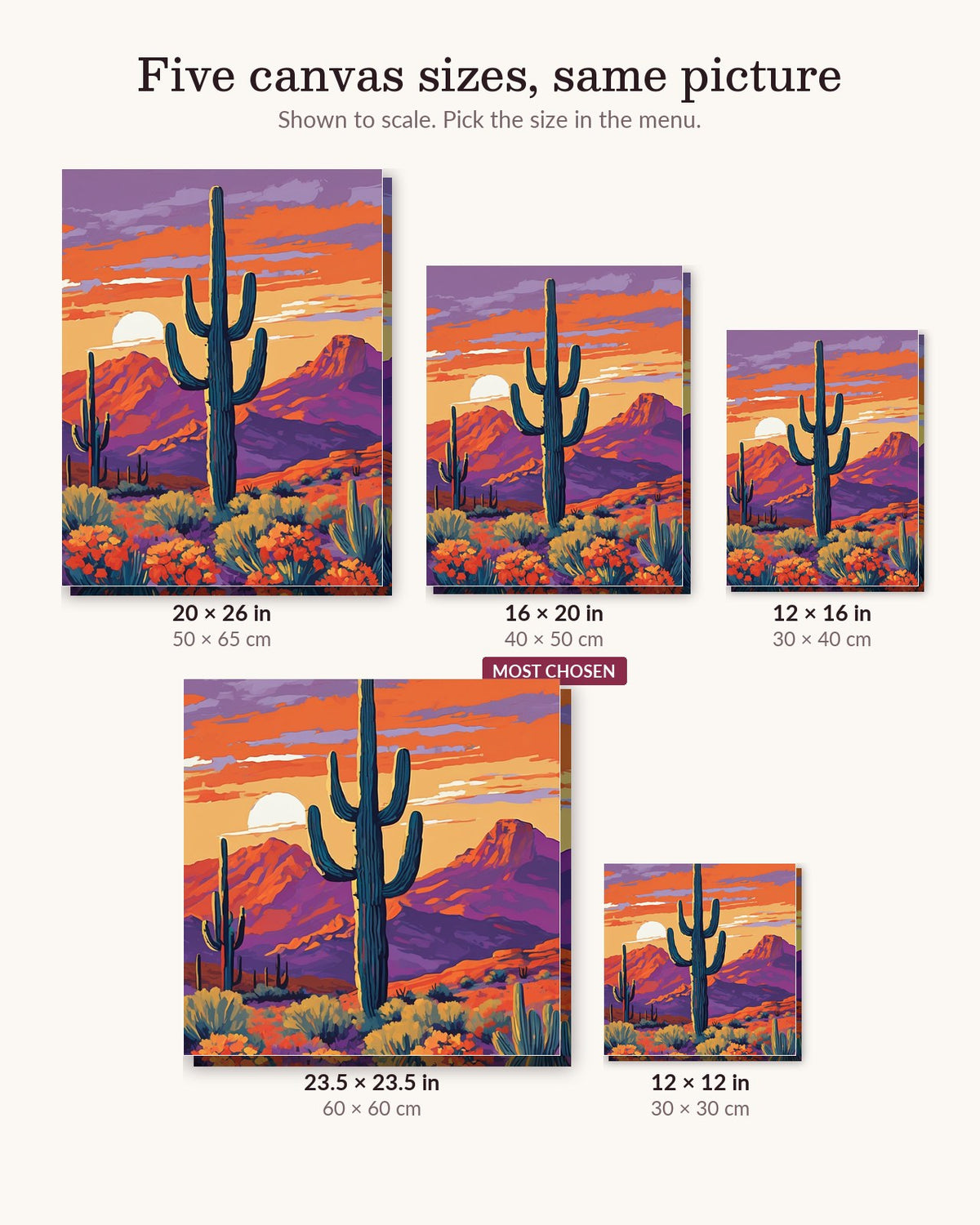Saguaro Cactus at Desert Dusk canvas sizes from 12 x 12 to 23.5 x 23.5 inches