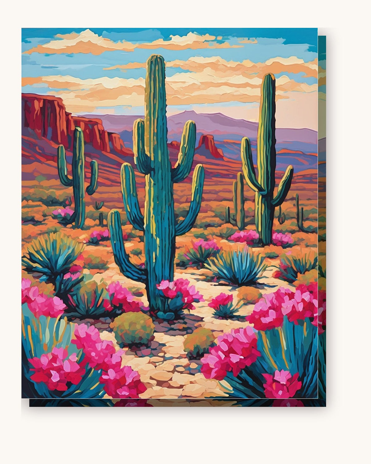 Saguaro Trail with Pink Blooms paint by numbers kit on stretched canvas