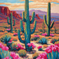 tall saguaro cacti, pink desert flowers and red cliffs under a cloudy sky, paint by numbers kit
