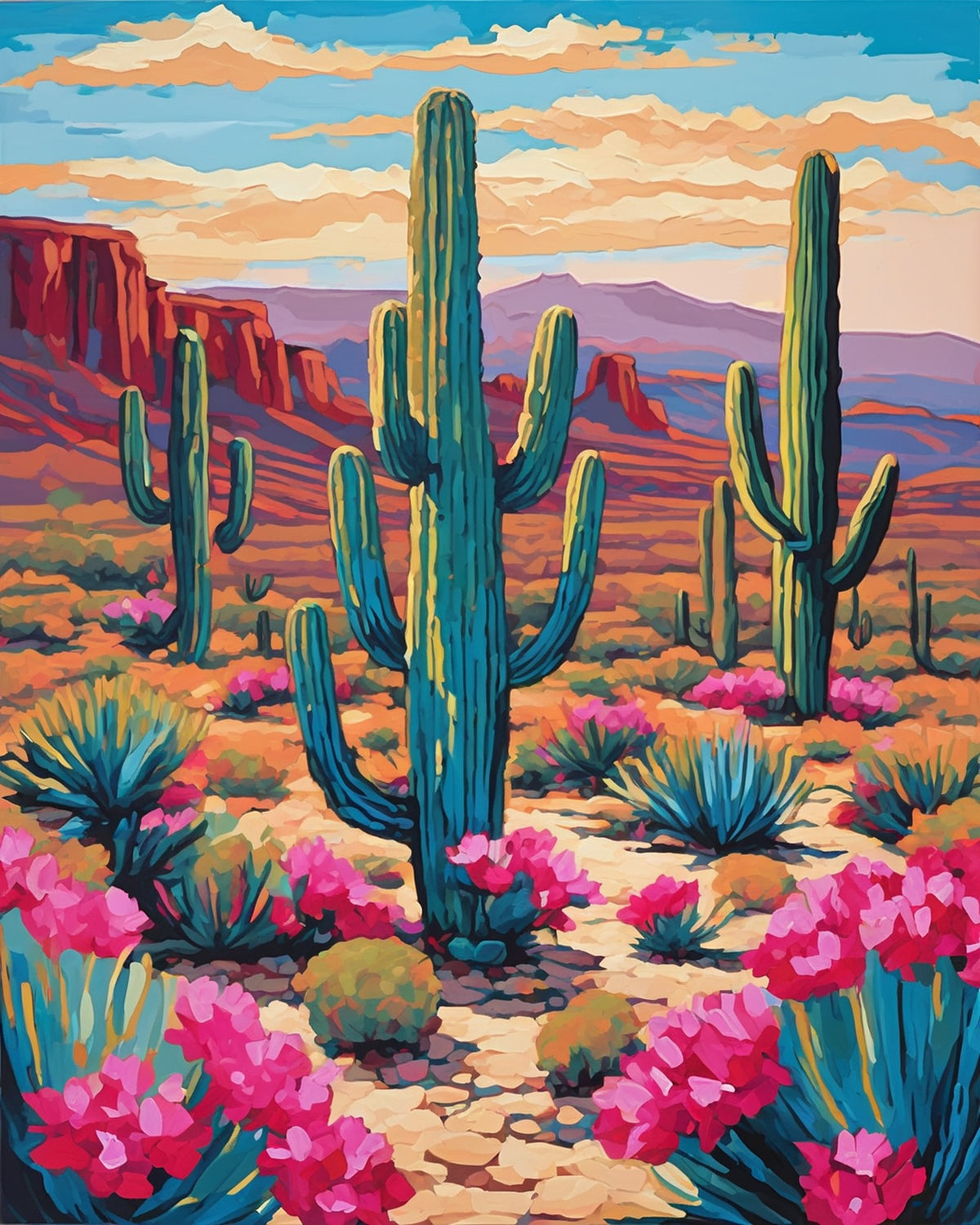 tall saguaro cacti, pink desert flowers and red cliffs under a cloudy sky, paint by numbers kit