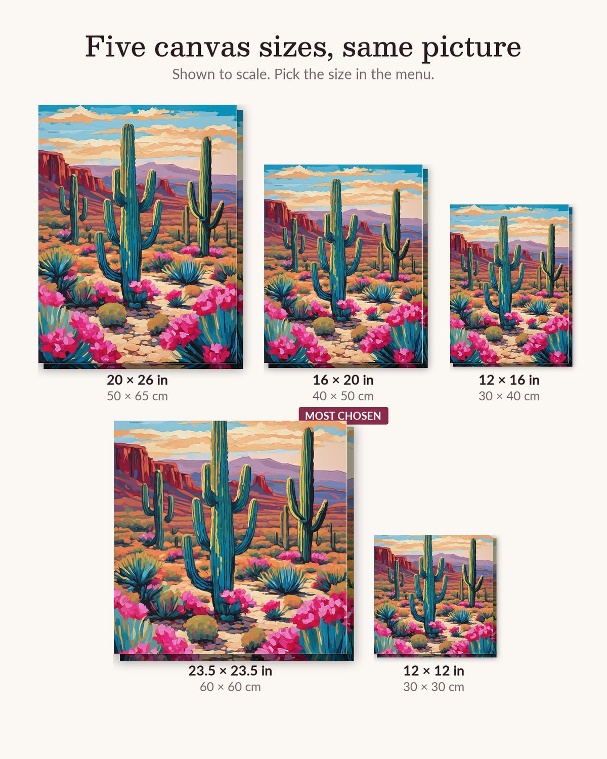 Saguaro Trail with Pink Blooms canvas sizes from 12 x 12 to 23.5 x 23.5 inches