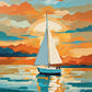 Sailboat at Golden Hour paint by numbers kit, white sailboat on a calm sea at sunset