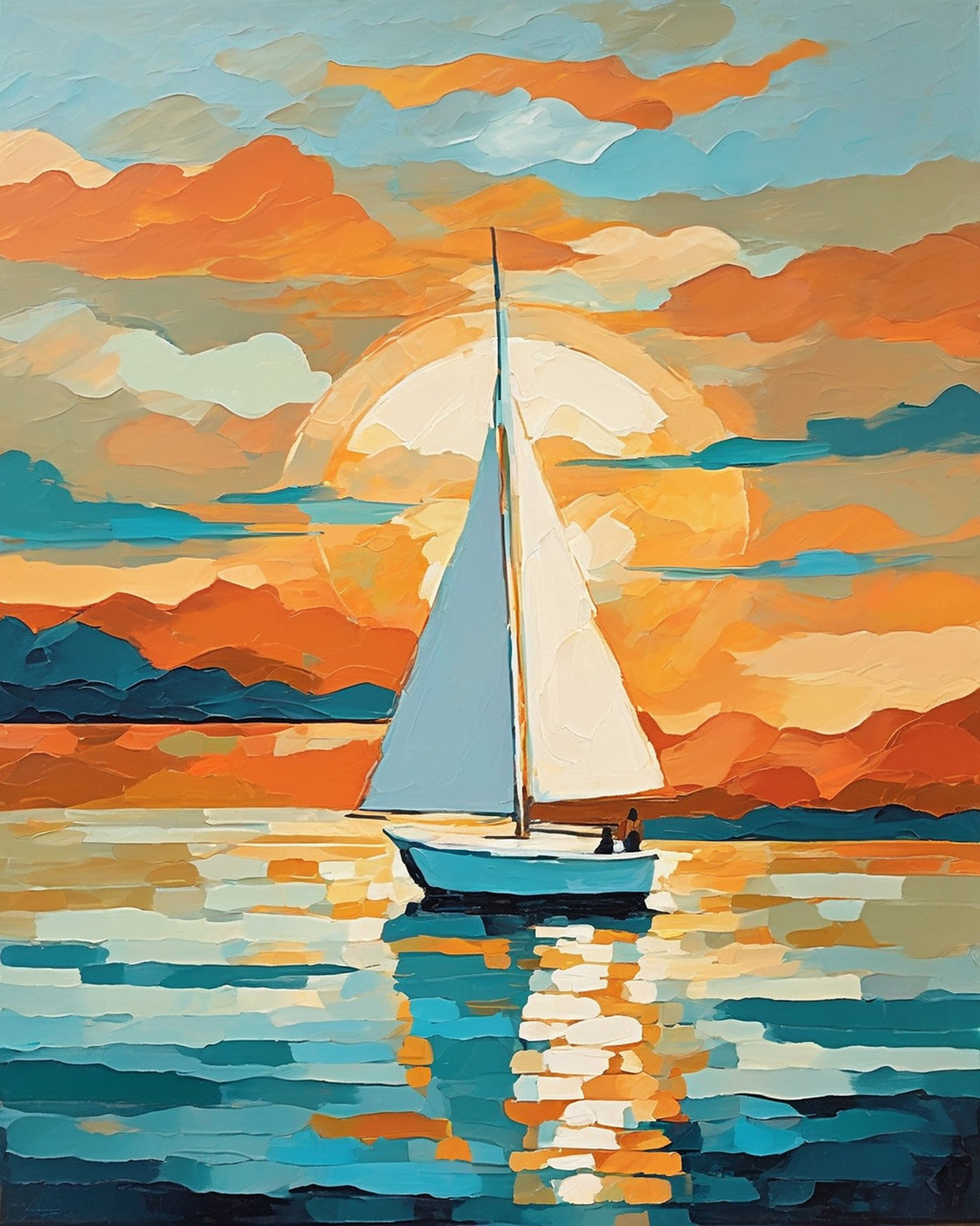 Sailboat at Golden Hour paint by numbers kit, white sailboat on a calm sea at sunset