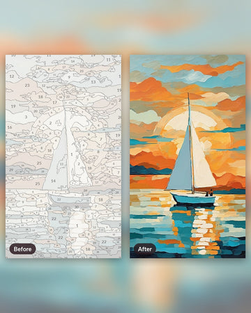 Sailboat at Golden Hour paint by numbers kit, before and after