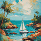 white sailboat in a turquoise cove with palm trees, orange rocks and soft clouds, paint by numbers kit