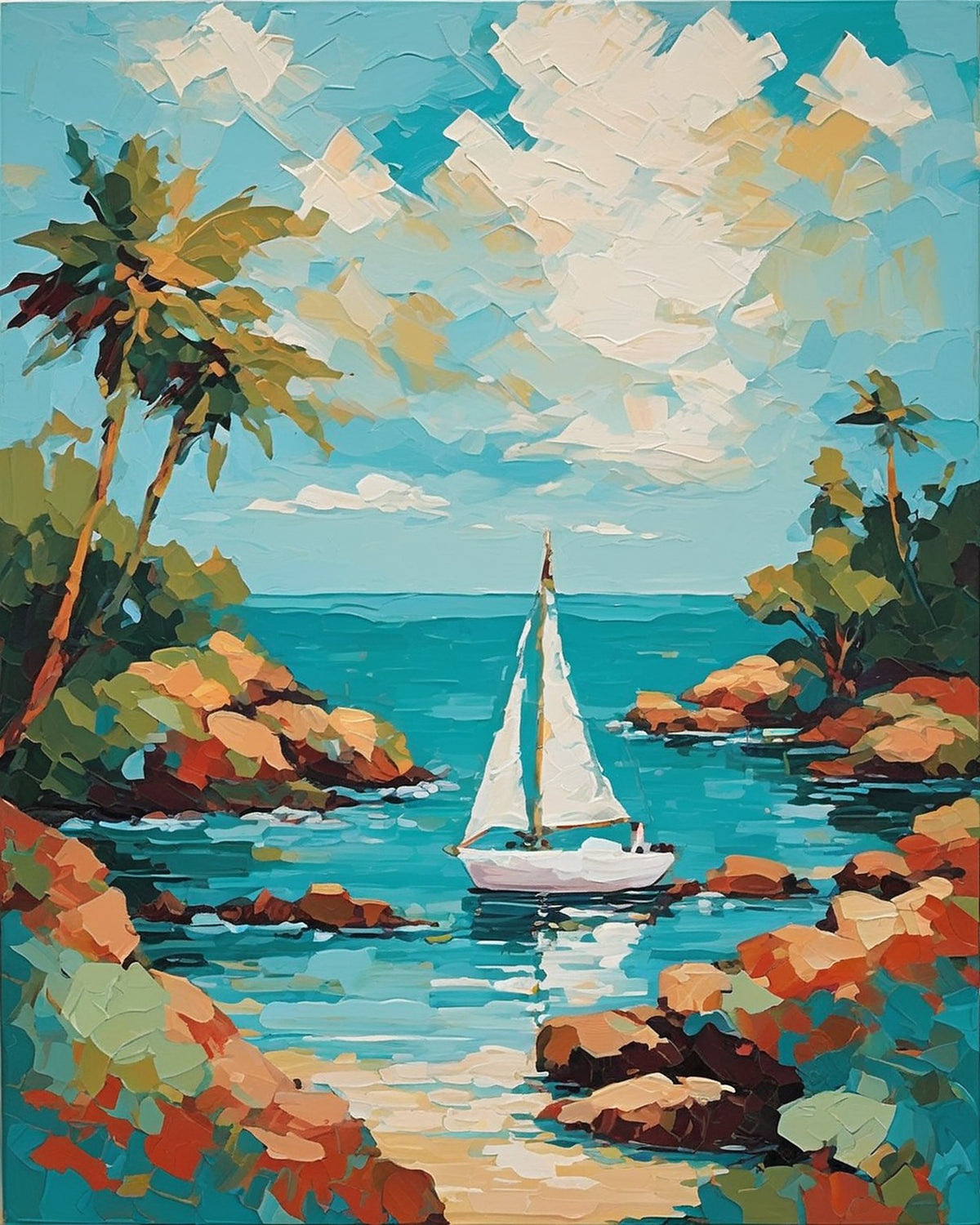 white sailboat in a turquoise cove with palm trees, orange rocks and soft clouds, paint by numbers kit