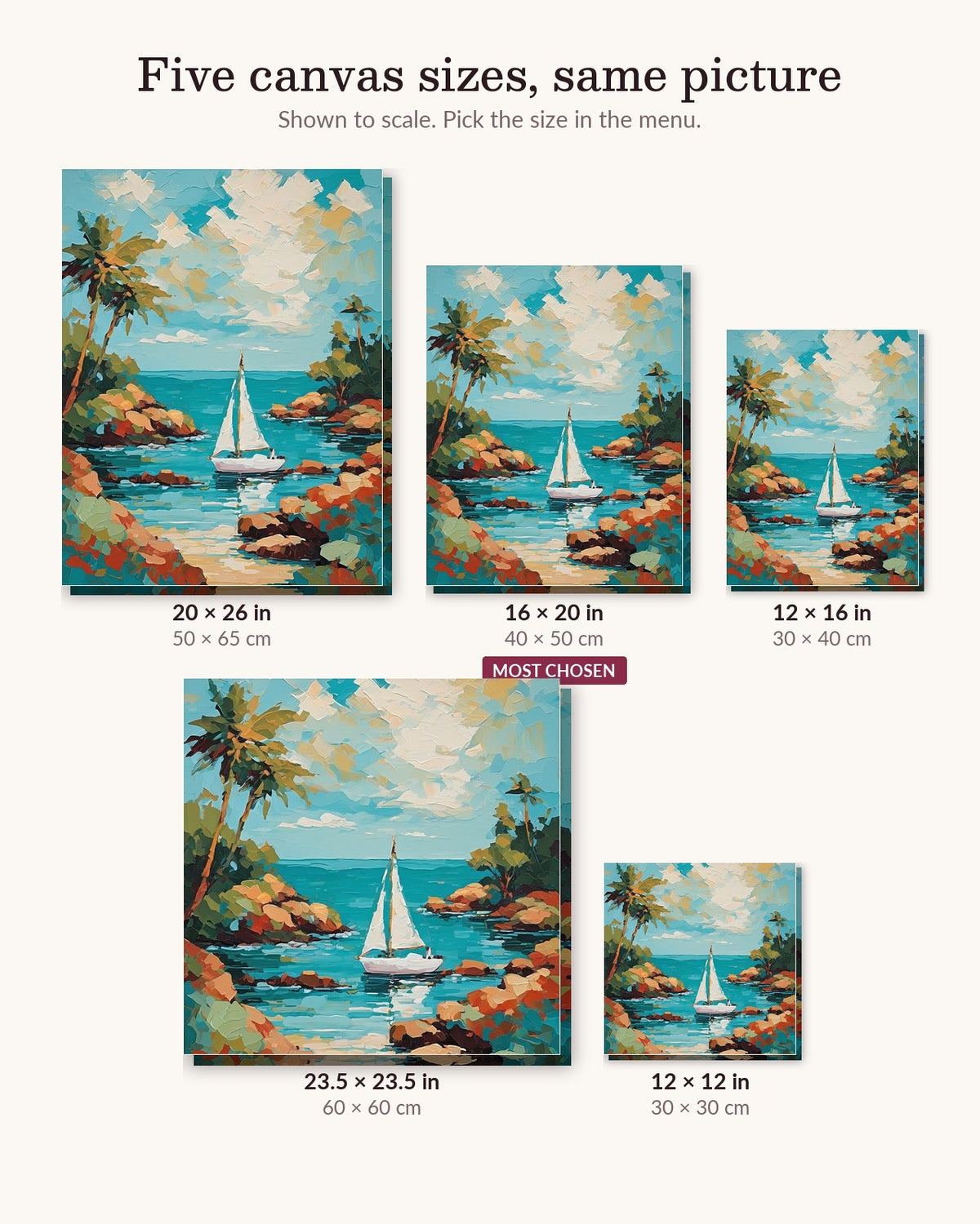 Sailboat in a Tropical Cove canvas sizes from 12 x 12 to 23.5 x 23.5 inches