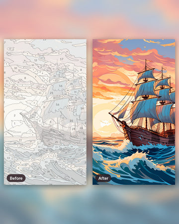 Sailing into the Sunset paint by numbers kit, before and after