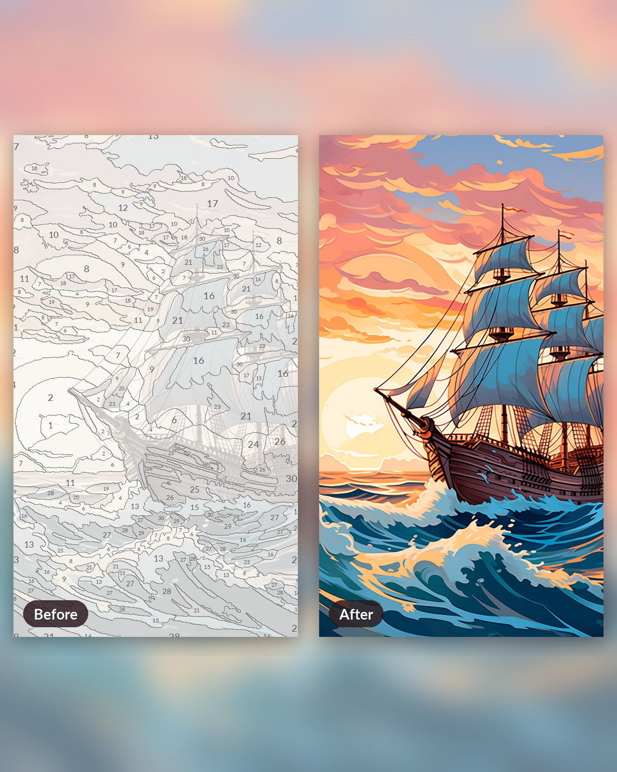 Sailing into the Sunset paint by numbers kit, before and after