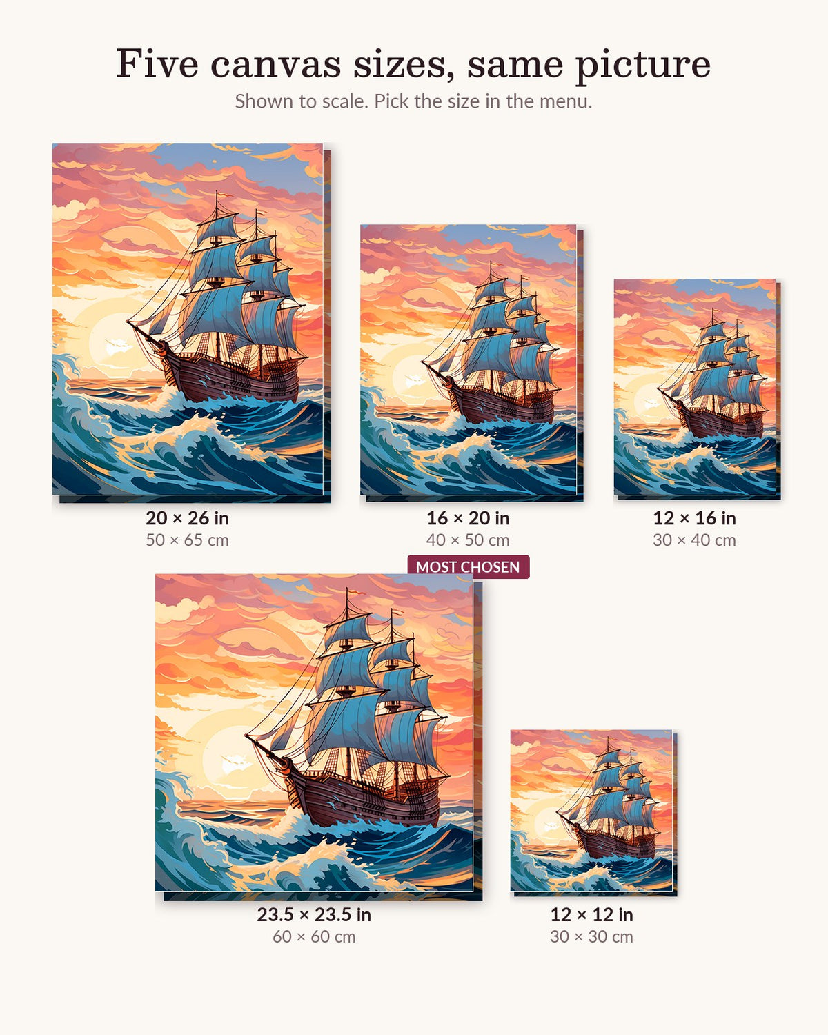 Sailing into the Sunset canvas sizes from 12 x 12 to 23.5 x 23.5 inches