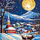Santa Sleigh over the Village paint by numbers kit, Santa's sleigh and reindeer in the snow below a snowy village and a full moon
