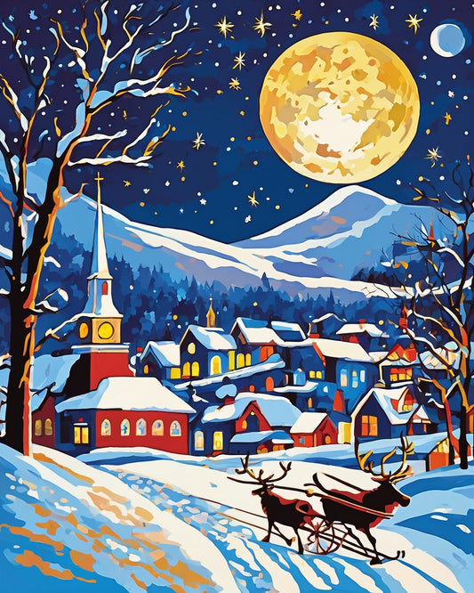 Santa Sleigh over the Village paint by numbers kit, Santa's sleigh and reindeer in the snow below a snowy village and a full moon