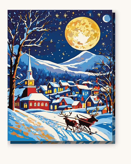 Santa Sleigh over the Village paint by numbers kit on stretched canvas