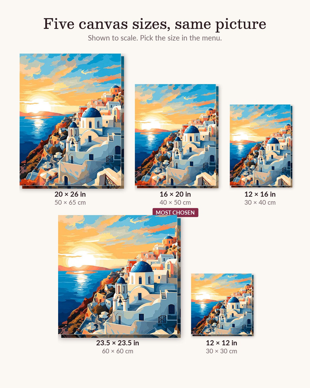 Golden Hour in Santorini canvas sizes from 12 x 12 to 23.5 x 23.5 inches