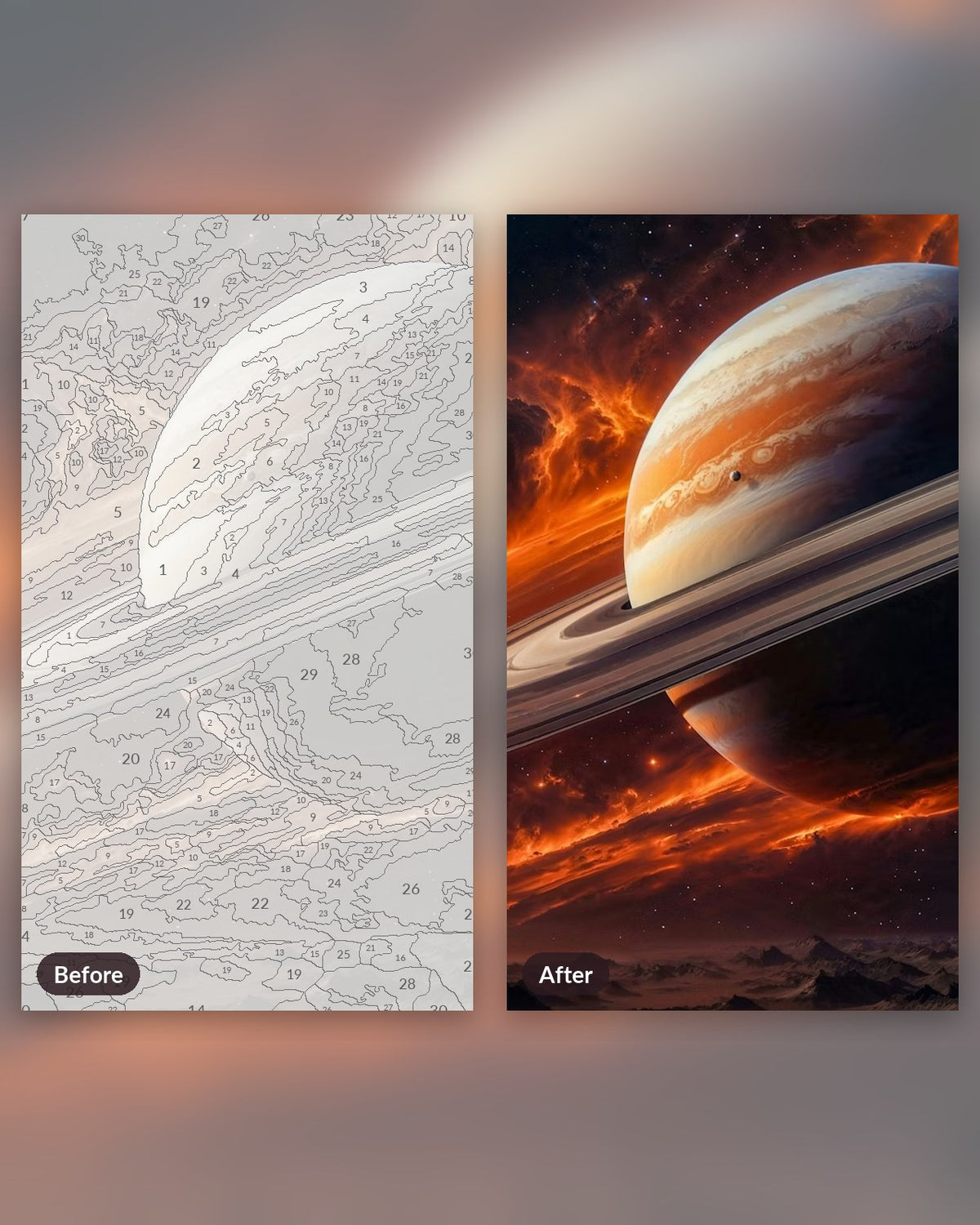 Saturn Planet paint by numbers kit, before and after