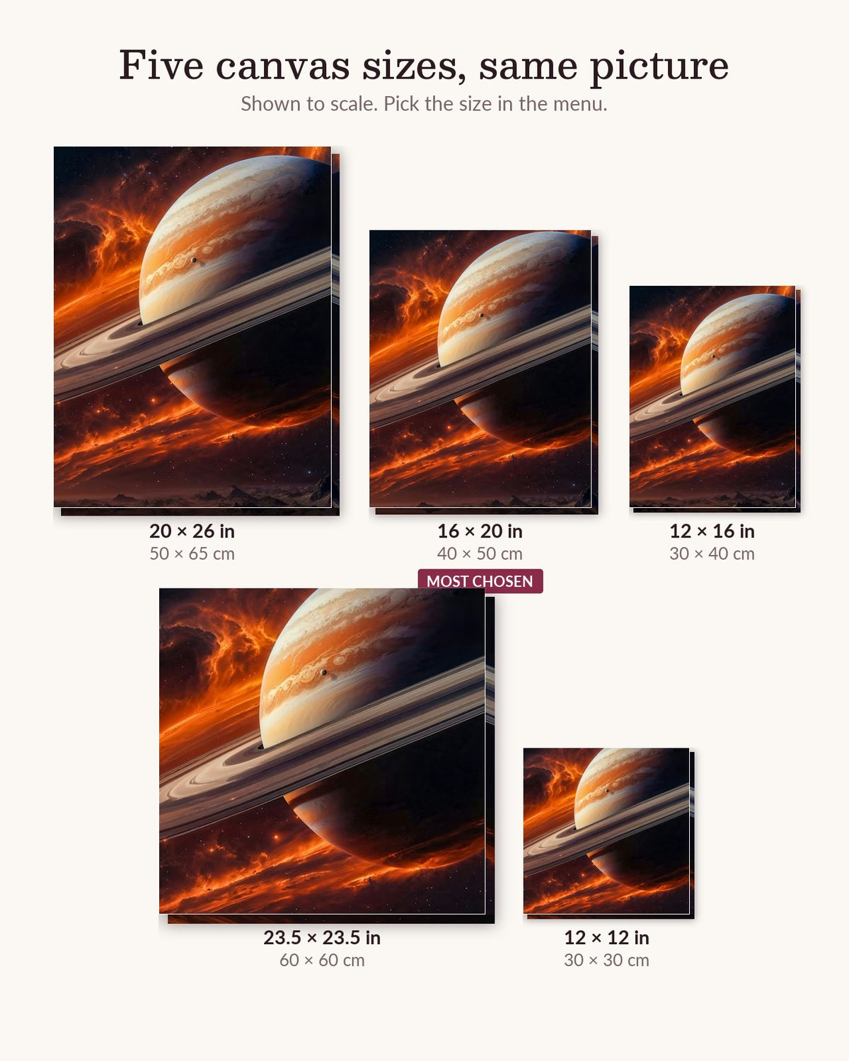 Saturn Planet canvas sizes from 12 x 12 to 23.5 x 23.5 inches