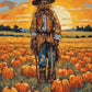 Scarecrow in the Golden Field paint by numbers kit, scarecrow standing among pumpkins in a wheat field