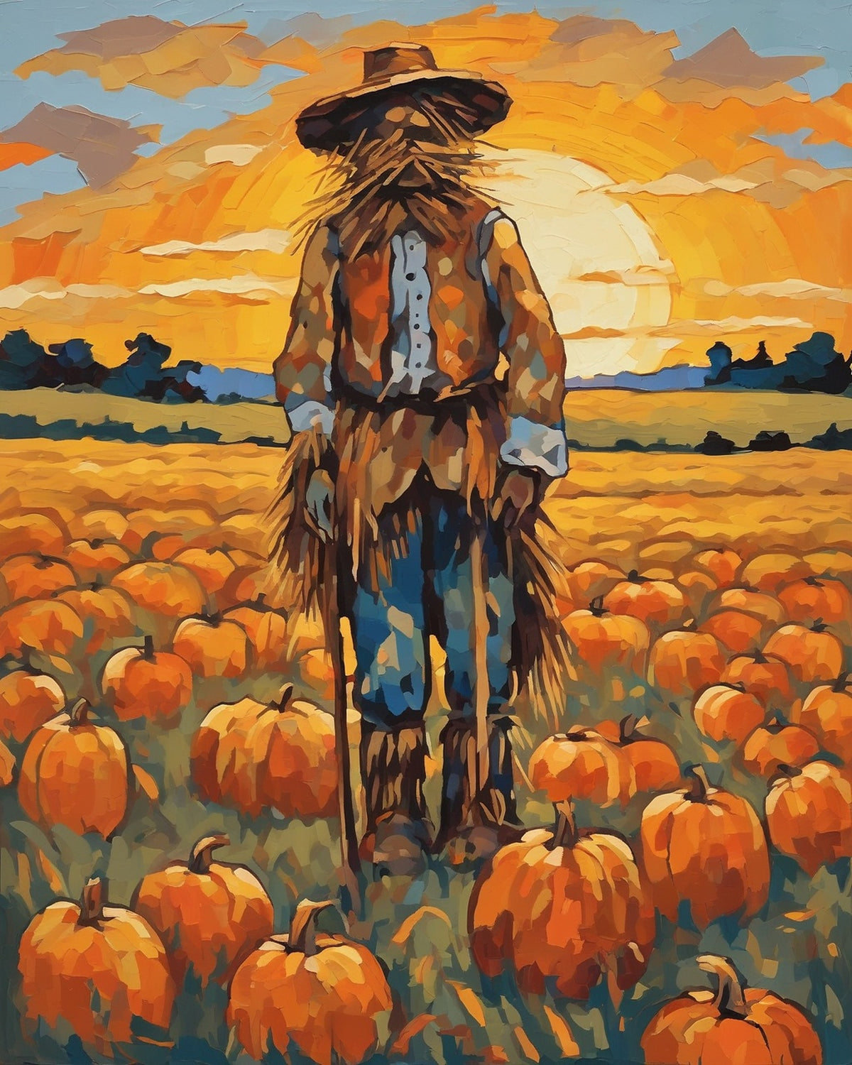 Scarecrow in the Golden Field paint by numbers kit, scarecrow standing among pumpkins in a wheat field