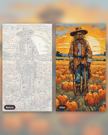 Scarecrow in the Golden Field paint by numbers kit, before and after