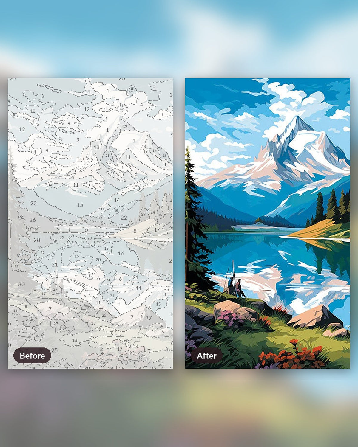 Sea of Mountains paint by numbers kit, before and after