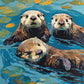 three sea otters floating in calm blue water among golden lily pads, paint by numbers kit
