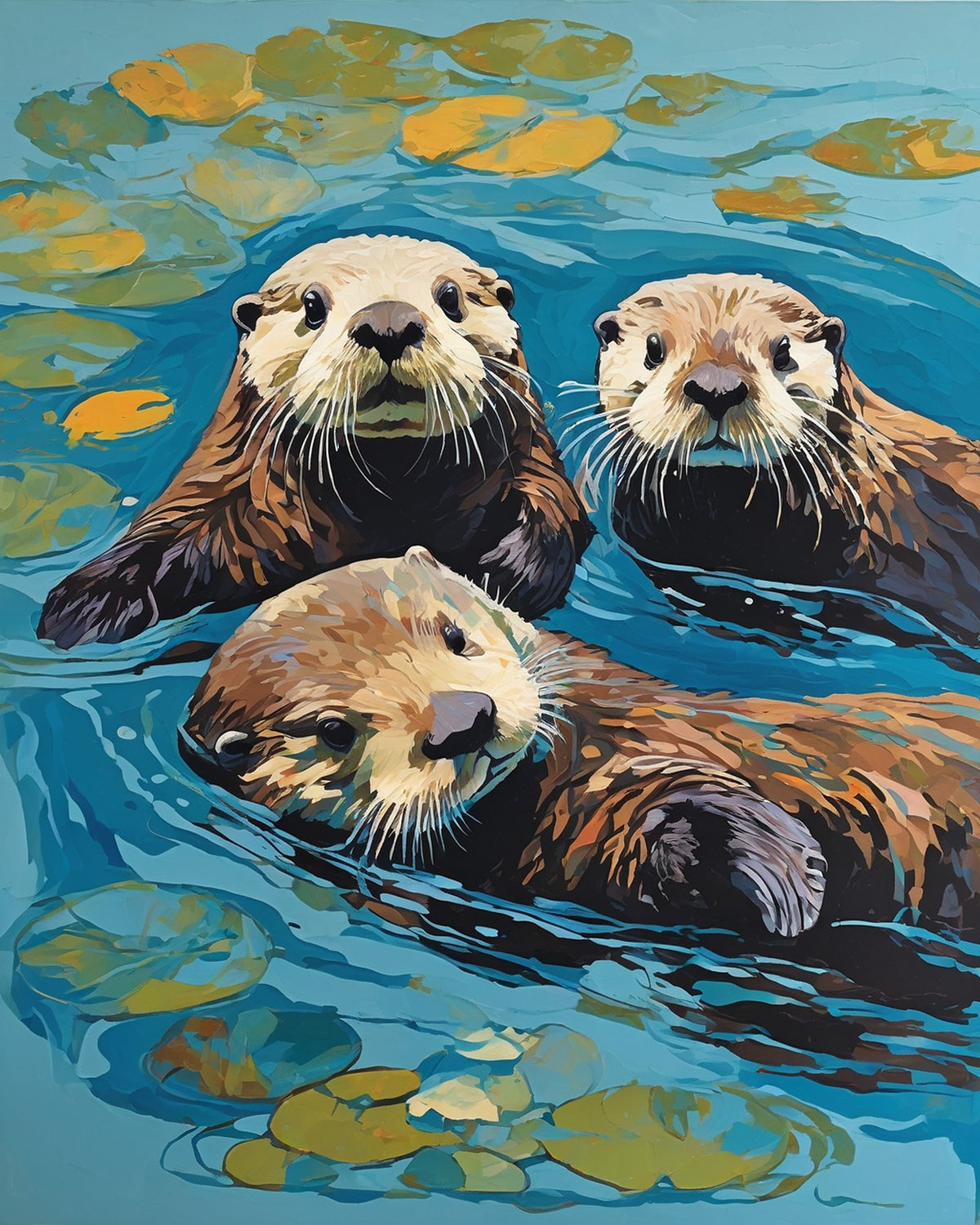 three sea otters floating in calm blue water among golden lily pads, paint by numbers kit