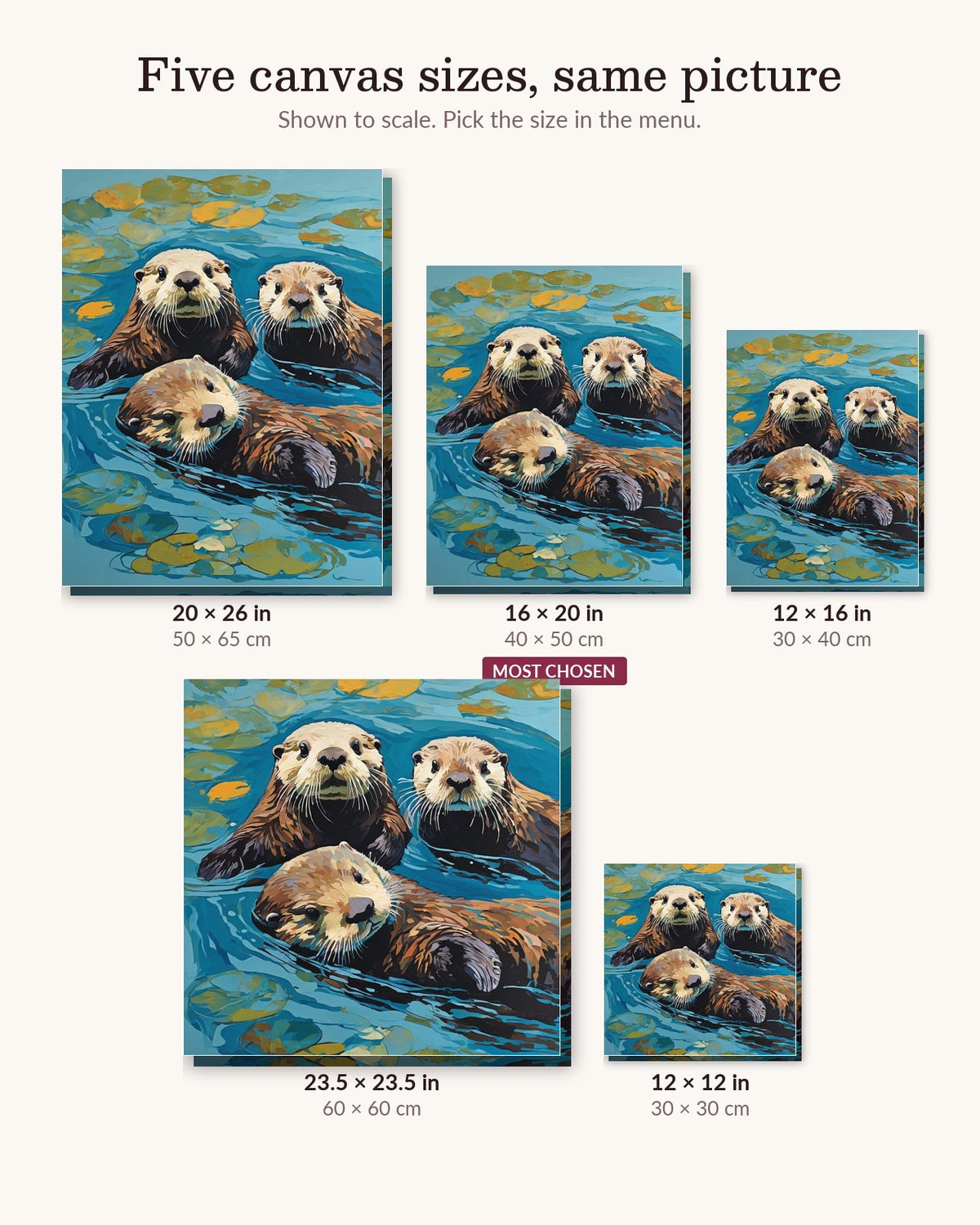 Sea Otters Floating Among Lily Pads canvas sizes from 12 x 12 to 23.5 x 23.5 inches
