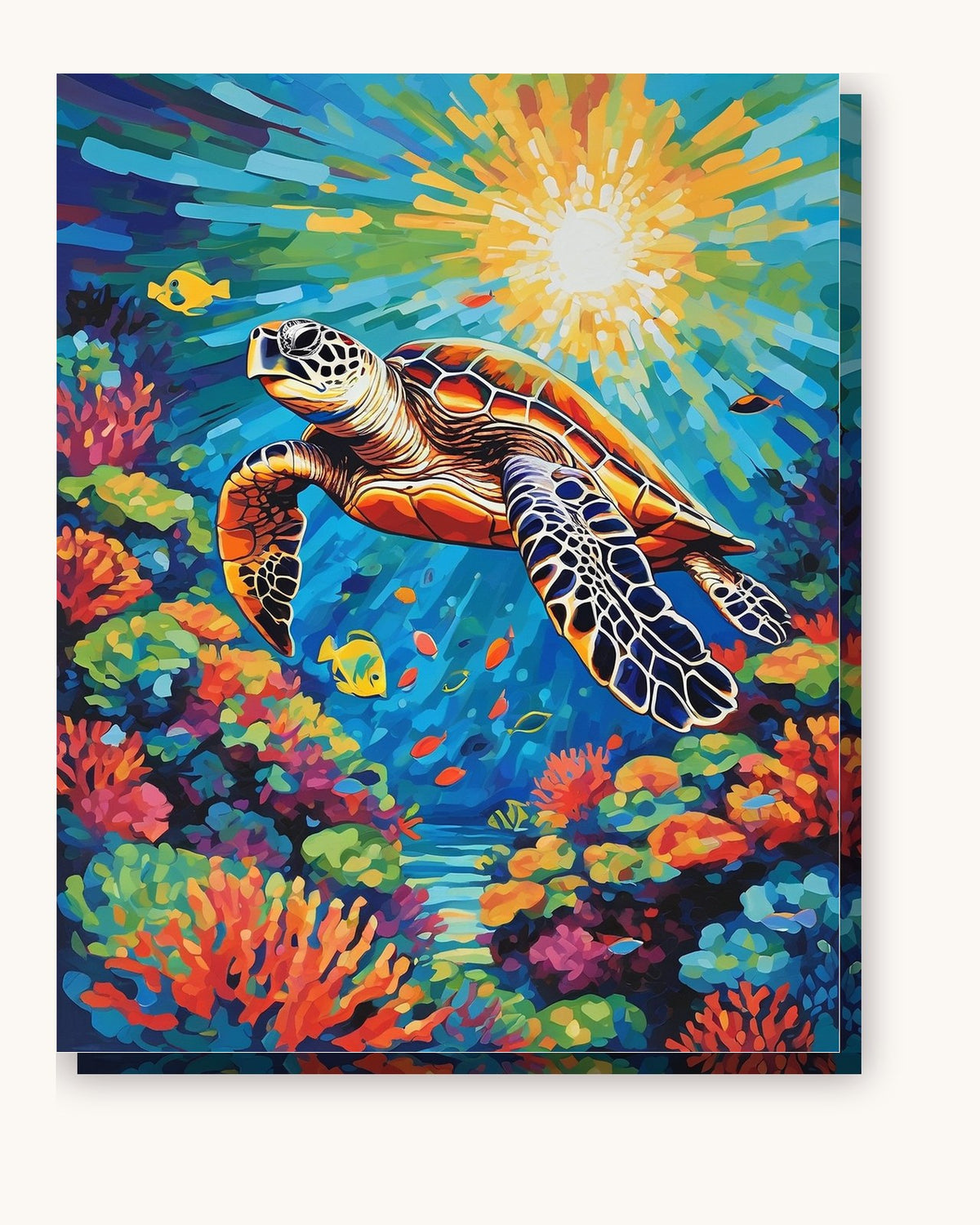 Sea Turtle Gliding Over Coral Reef paint by numbers kit on stretched canvas