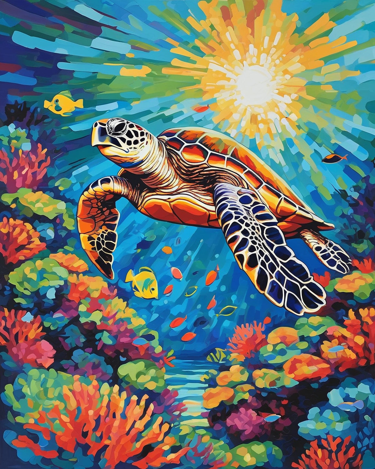 sea turtle swimming over colorful coral reef with yellow fish and sun rays in blue water, paint by numbers kit