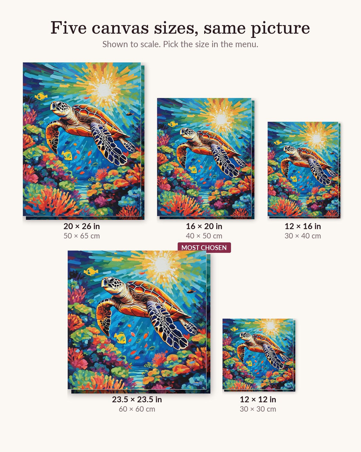 Sea Turtle Gliding Over Coral Reef canvas sizes from 12 x 12 to 23.5 x 23.5 inches