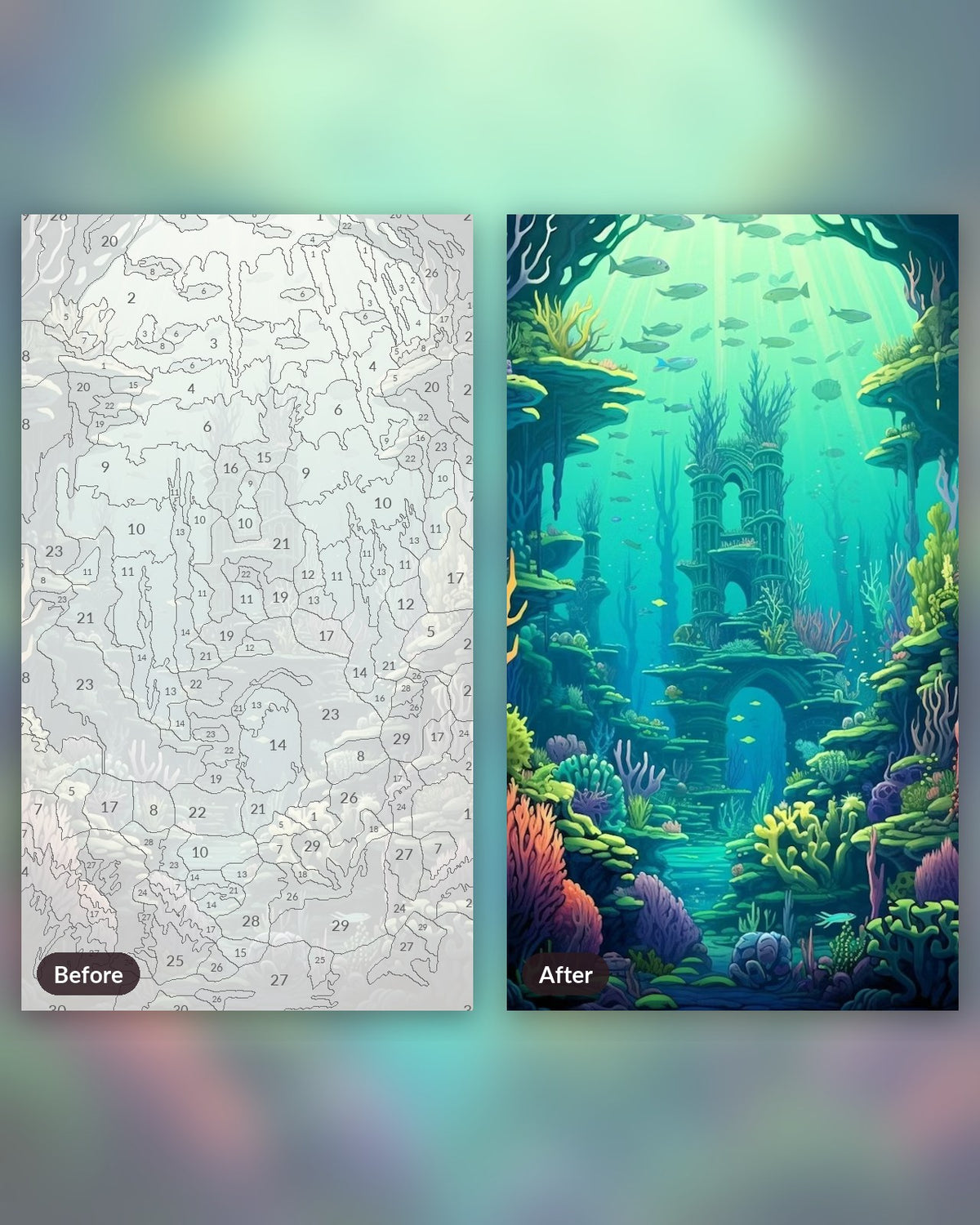 Seafloor Serenity paint by numbers kit, before and after