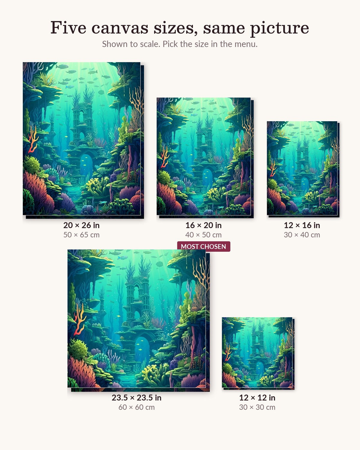 Seafloor Serenity canvas sizes from 12 x 12 to 23.5 x 23.5 inches