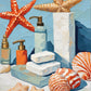 Seashell Bathroom Still Life paint by numbers kit, seashells, a starfish and coral on a white marble bathroom counter