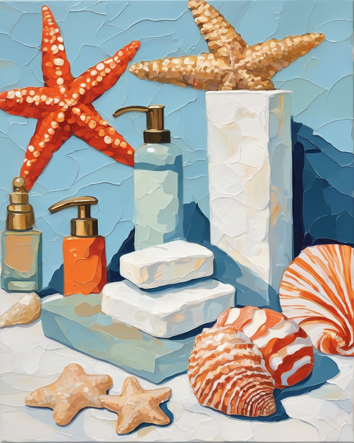 Seashell Bathroom Still Life paint by numbers kit, seashells, a starfish and coral on a white marble bathroom counter