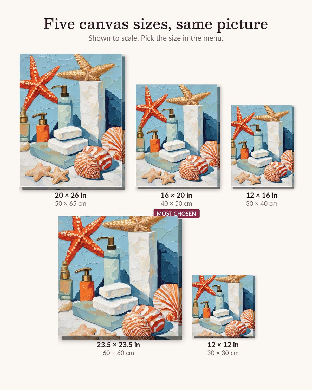 Seashell Bathroom Still Life canvas sizes from 12 x 12 to 23.5 x 23.5 inches