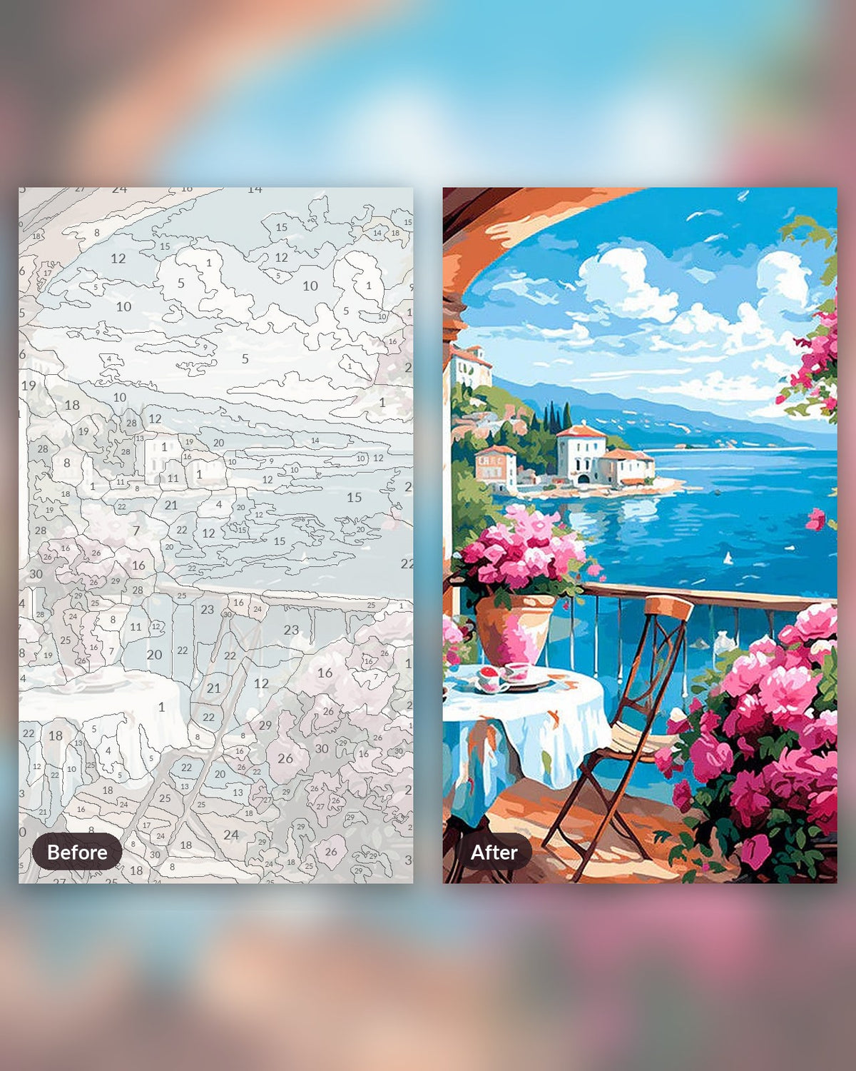Seaside Bloom View paint by numbers kit, before and after