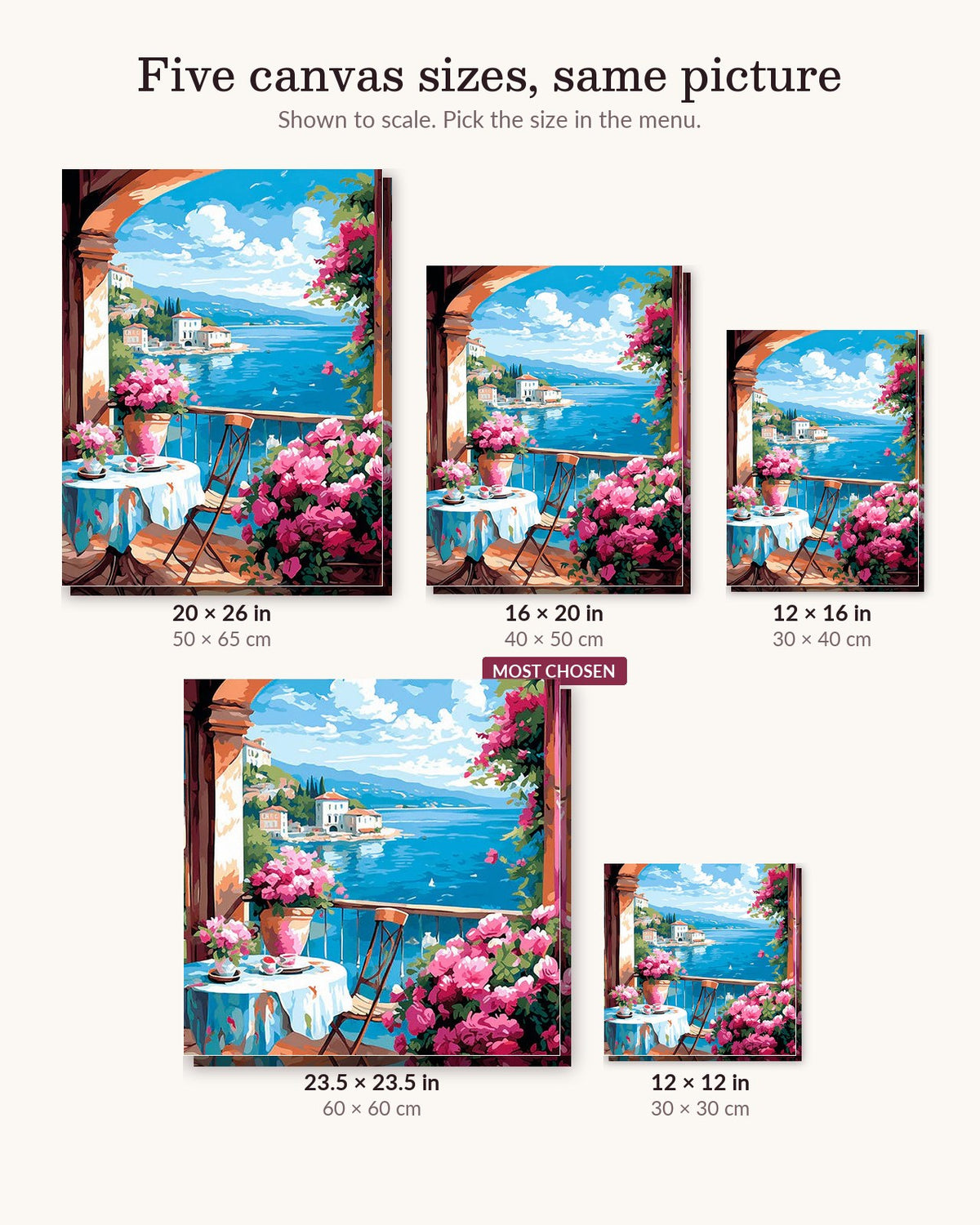 Seaside Bloom View canvas sizes from 12 x 12 to 23.5 x 23.5 inches