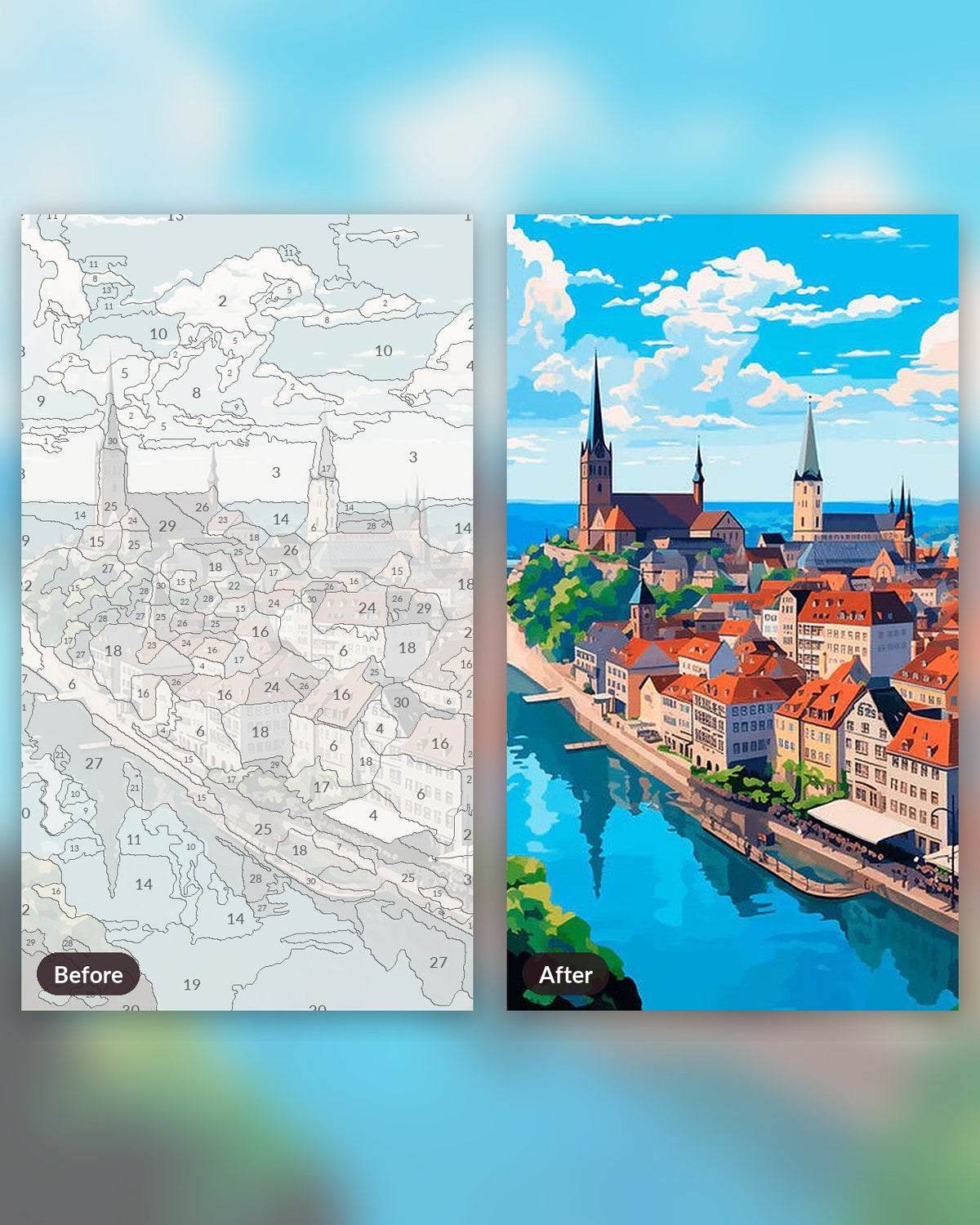 Coastal City Charm paint by numbers kit, before and after