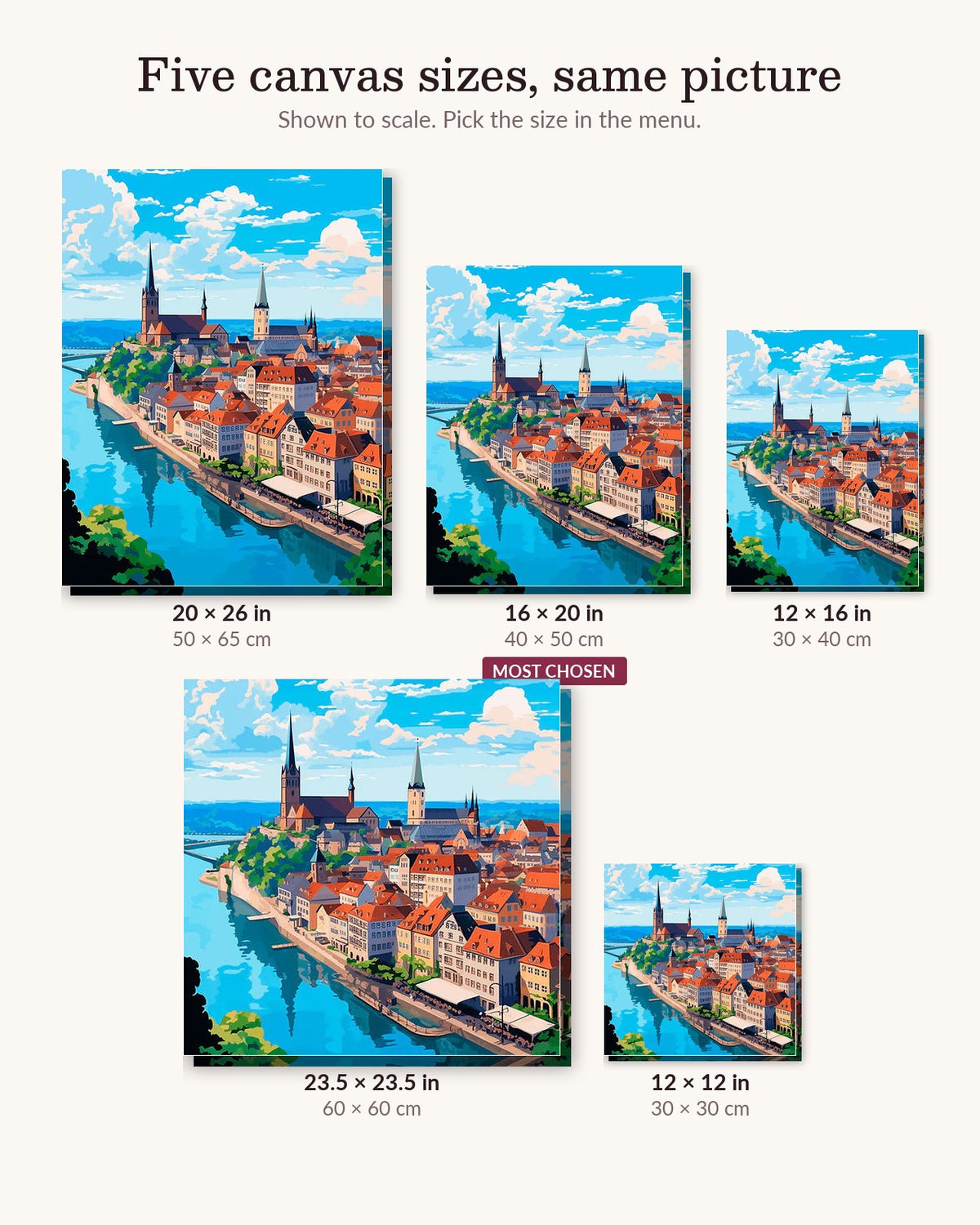 Coastal City Charm canvas sizes from 12 x 12 to 23.5 x 23.5 inches