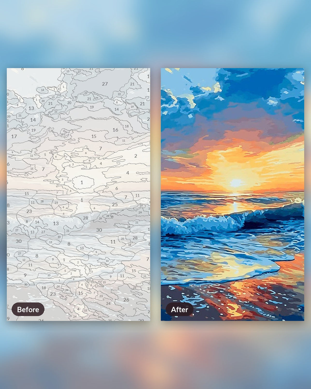 Seaside Dusk paint by numbers kit, before and after